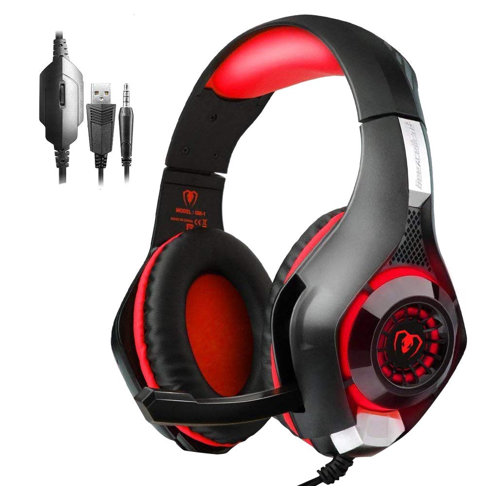 New Xbox One Headset MFEEL Gaming Headset with Mic for PC, PS4, Xbox One S Netendo DS Tablet Laptop Phone - Noise lsolating Volume Control LED Light (Red)