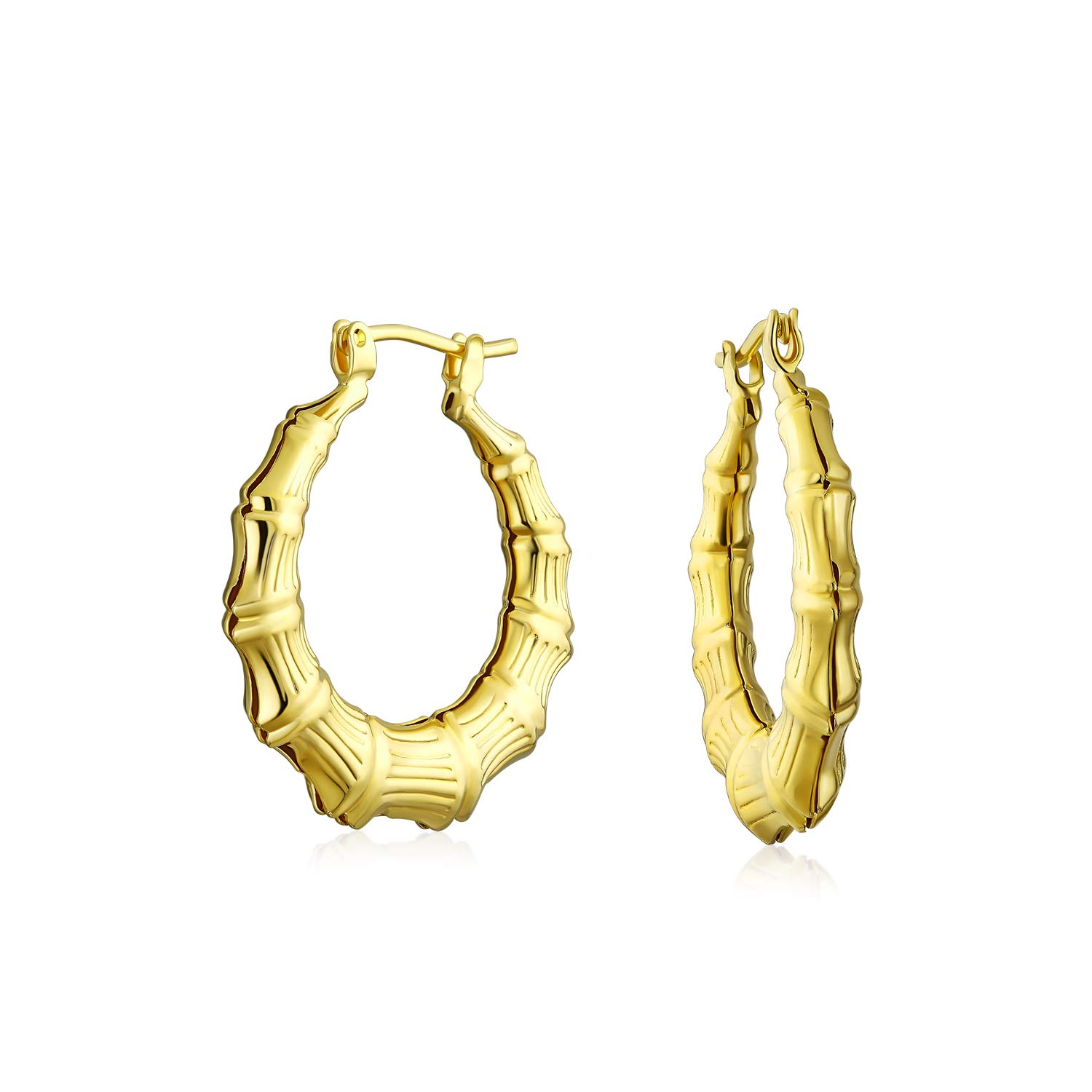 Light Weight Hollow Medium Bamboo Hoop Earrings For Women Gold Plated Brass For Women Teen Diameter 1.25 Inch