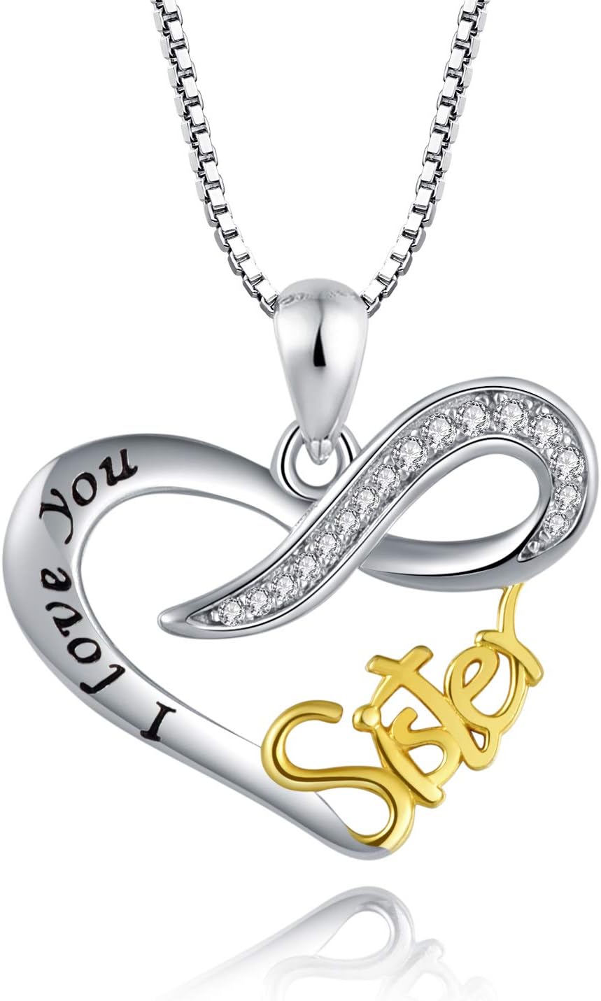 925 Sterling Silver Sister Necklace Love Heart Round Pendant Necklace Gifts Inspirational Jewelry (Sister Heart)
