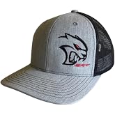 Dodge SRT Hellcat Redeye Snapback Trucker Hat for Men | Heather Grey/Black | Signature red-eye cat-head logo, embroidered