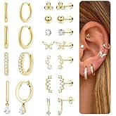 DEWEN Hypoallergenic Flat Back Earrings Set for Women | Cartilage Earrings Stacks | 14K Gold Plated Surgical Steel Studs | Hoop Earring Sets for Women | Small Helix Flatback Studs for Ear Piercing