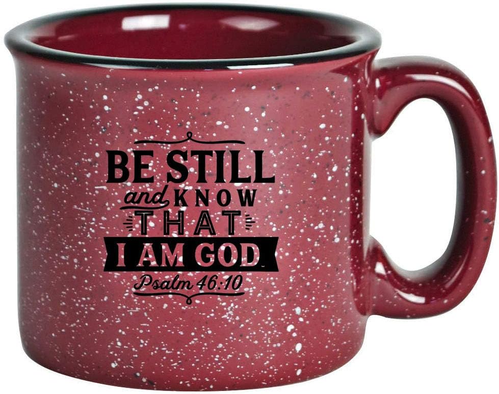 DexsaCampfire Ceramic Coffee Mug with Inspiring Quote - Burgundy Speckled Classic Coffee Cup | Holds 15 Ounces | Be Still and know that I am God. Psalm 46:10