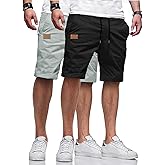Poplee Men's 2 Pack Casual Twill Chino Shorts Slight Summer Beach Elasticity Cotton Shorts with Elastic Waist Drawstring