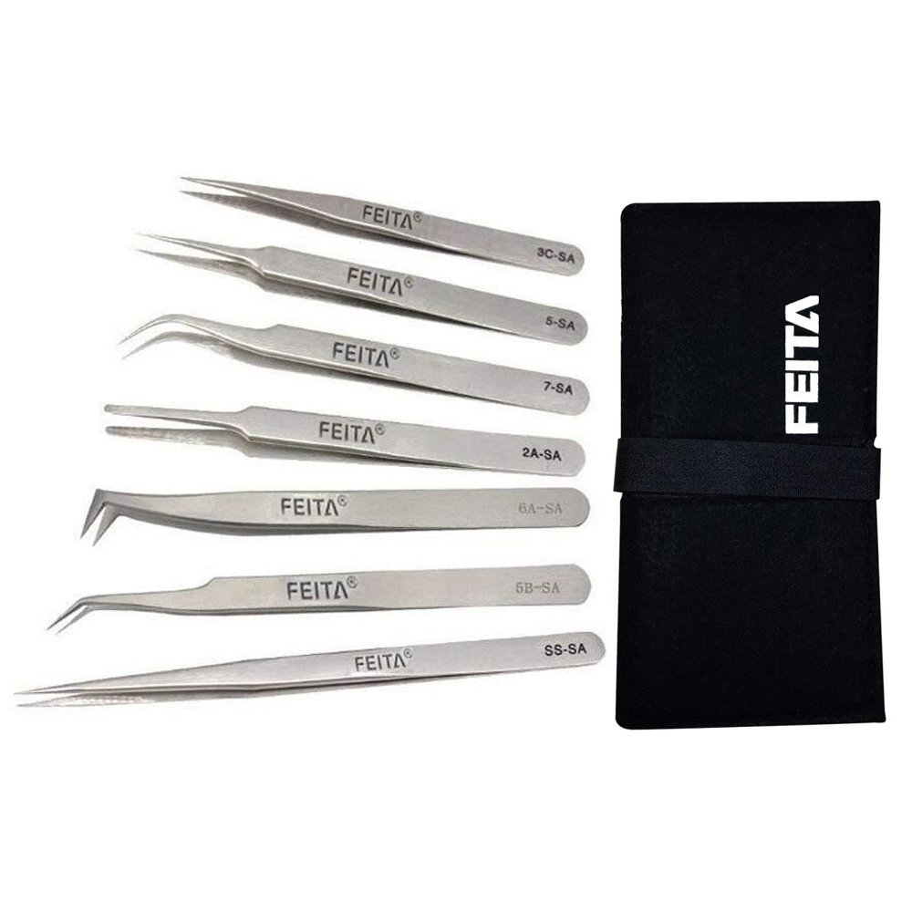 Professional Tweezer Set - FEITA Precision Tweezers with Travel Case - Stainless Steel Tweezers for Plucking, Watchmakers, Jewelry, Electronic, Craft (Silver 7Pcs)