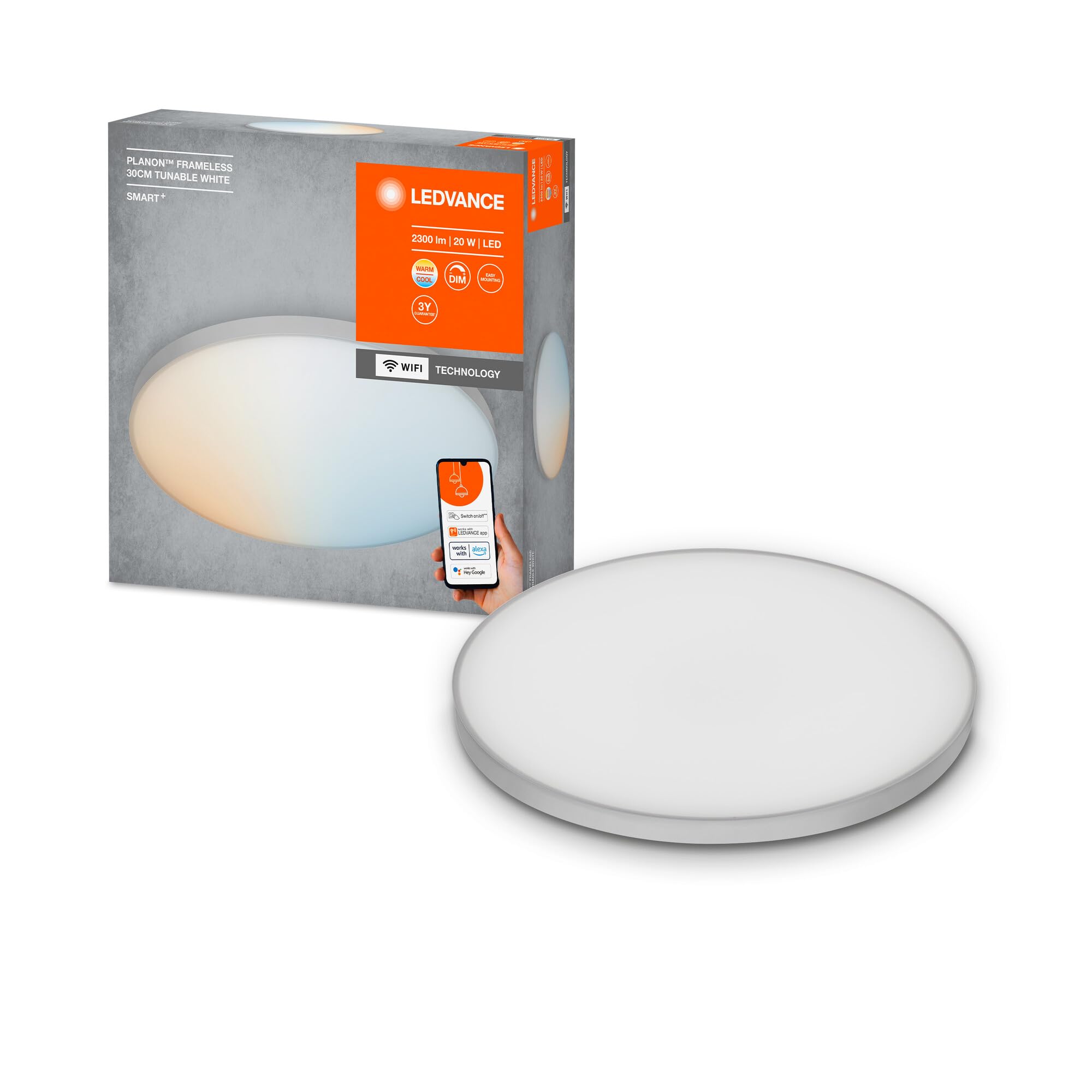 LEDVANCE Smart LEDCeiling Luminaire, Indoor Panel with WiFi Technology, Tunable White (3000K-6500K), 300 mm Diameter, Compatible with Google and Alexa Voice Control, Smart+ WiFi ORBIS Frameless