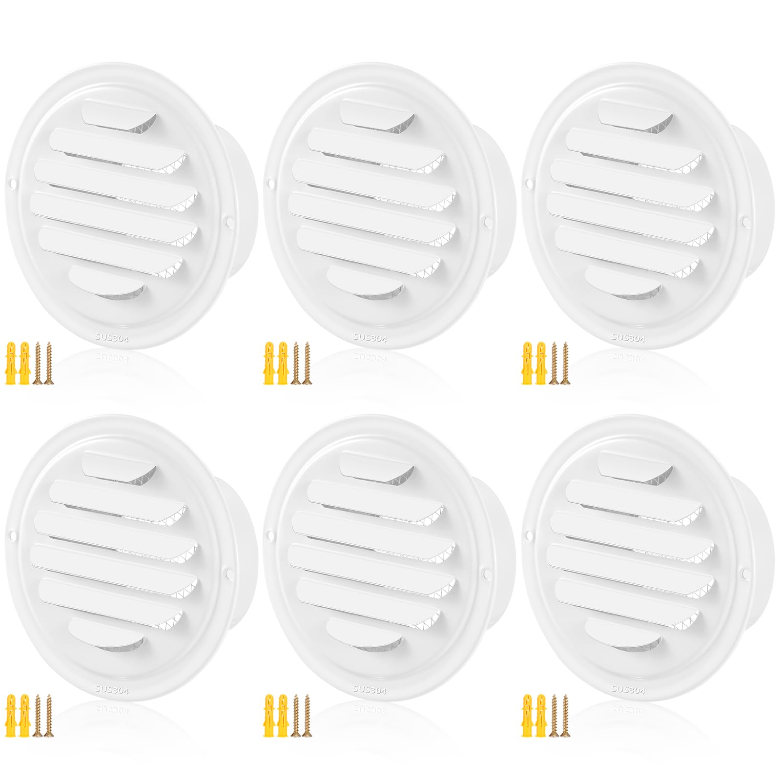 Photo 1 of Gisafai 6 Pcs Round Soffit Vent Cover 4 Inch Stainless Steel Louvered Grille Vent Cover Metal Air Vent Covers with Built in Fly Screen Mesh for HVAC Ventilation House Flat Garage Exterior(White)