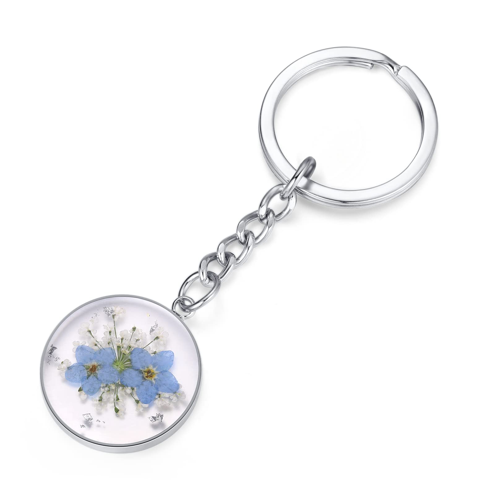 Photo 1 of AUNTESIGN Forget-Me-Not and Queen Anne's Lace Wildflower Keychain | Real Flower Keychain | Personalized Handmade Keyring | Dried Pressed Flower Keyring Charms | Gifts for Her