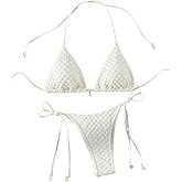 SHENHE Women's 2 Piece Halter Swimsuit Textured Tie Side Triangle Bikini Bathing Suit