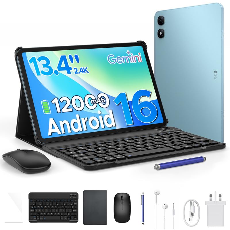 P13 Pro Tablet 13 Pollici, IPS 2.4K, 120Hz,T7280 Octa-Core, 48GB+256GB(TF 2TB), 12000mAh/18W, 16MP+8MP, 4G LTE, Gemini AI Tablet android 16, Face ID/WiFi5/GPS/FM/con Tablets Tastiera e Penna, Blu