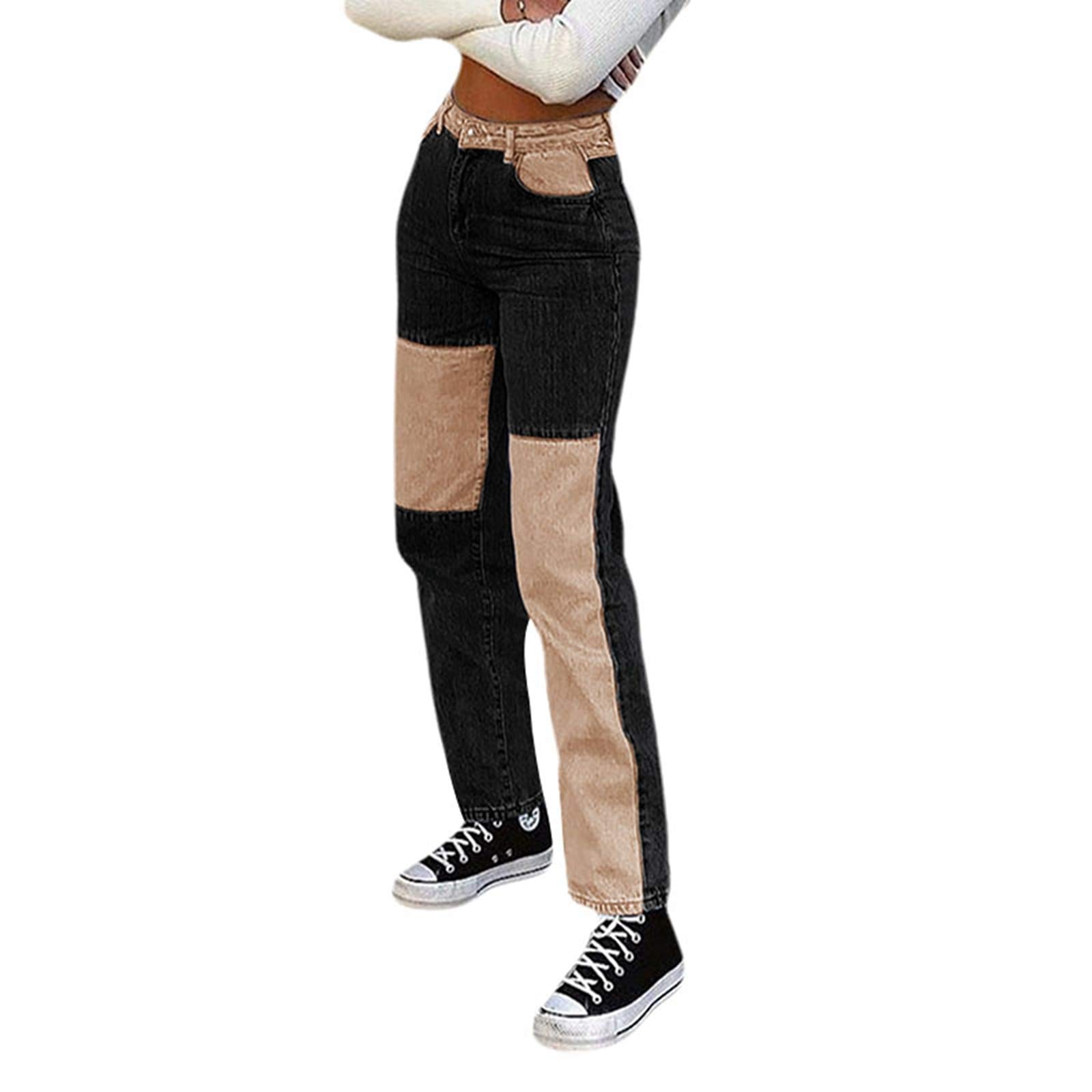 Women´s Patchwork Pants Hight Waist Distressed Straight Denim Jeans Fashion A-line Vintage Pencil Tr