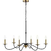 JONATHAN Y 34.75" Brass Gold/Black 6-Light Bohemian Farmhouse Iron Chandelier, Rustic Candle-Style LED Hanging Light for Dini