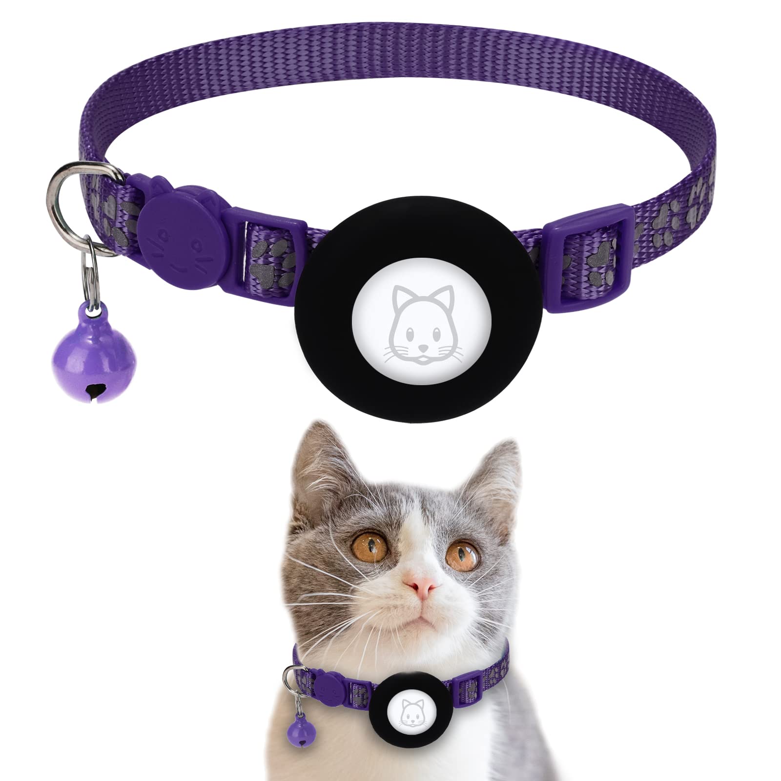 Airtag Cat Collar, Air Tag Cat Collar with Safety Buckle and Bell, Reflective Cat Collar in 3/8" Width Compatible with Apple Airtag Holder for Small Pets Cats Puppies Kitten (Purple)