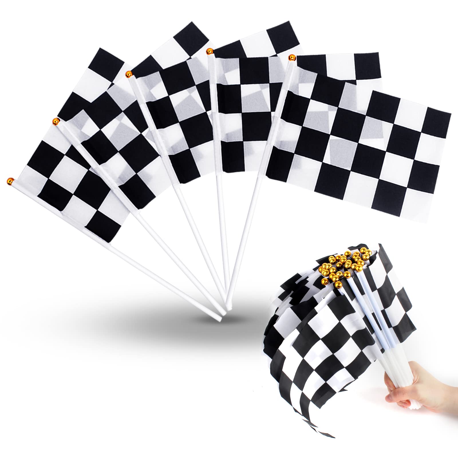 30 Pcs Completely-Assembled Checkered Flags Banner Race Car Decorations Party Event Pennant Black & White Polyeater Fabric Flag with Plastic Stick