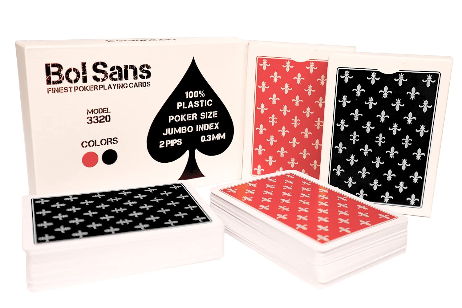 Bol Sans Playing Cards - Professional Playing Cards for Poker - Design 3320 - 2 Decks, Black and Red - 100% Plastic and Waterproof - Jumbo Index - 0.3 mm Thick