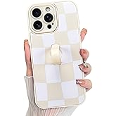 KANGHAR Compatible with iPhone 16 Pro Max Case, Silicone Checkered Cute Pattern, Wristband Kickstand Camera Protection Soft Slim Cover for Girls Women -White