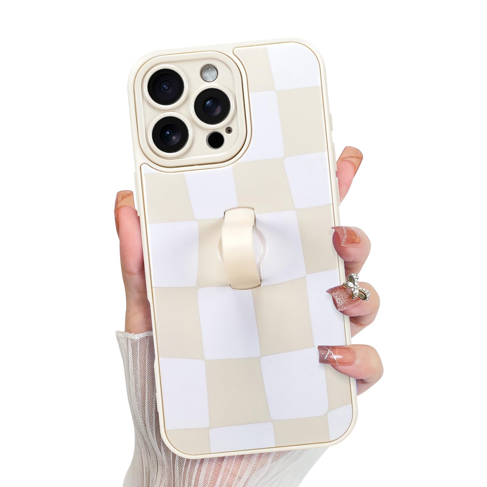 Photo 1 of KANGHAR Compatible with iPhone 16 Pro Max Case, Silicone Checkered Cute Pattern, Wristband Kickstand Camera Protection Soft Slim Cover for Girls Women -White