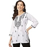 Ada Women's Hand Embroidered Indian Chikankari Cotton Top Tunic Blouse Shirt M411139 White