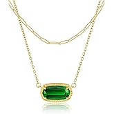 Lourny Gemstone Crystal Pendant Layered Necklace for Women Trendy, 18K Gold Plated Paperclip Chain Charm Necklaces Women Wife Jewelry