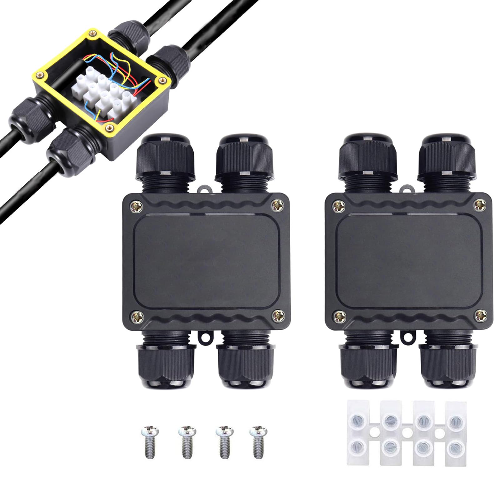 CTRICALVER IP68 Waterproof Junction Box, M25 Type T 3 Way Outdoor Weatherproof Electrical Junction Box with Black Plastic Gland, Waterproof Cable Connector with Terminal