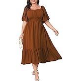 CICIDUDU Plus Size Smocked Maxi Dresses for Curvy Women Square Neck Flowy Casual Summer Wedding Guest Dress