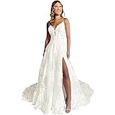 zsweof Lace Wedding Dress Spaghetti Straps Bridal Dresses A Line Wedding Party Gown with Slit