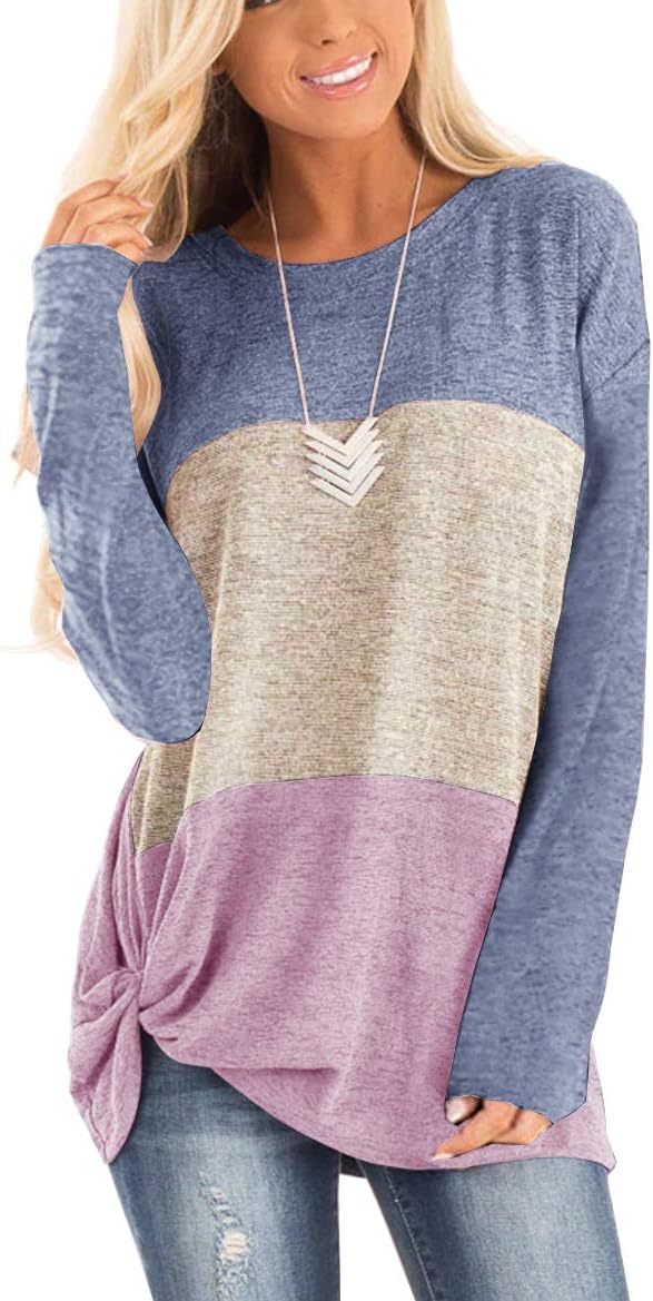 Twotwowin Women's Summer Tops Color Block Side Twist Knotted Short Sleeve Shirts Casual Blouse