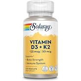 SOLARAY Vitamin D3 K2, 120 VegCaps | Bone &amp; Immune Support, 5000 IU Vitamin D3, 50 mcg MK7 Vitamin K2, 120 Servings, Made Without Soy, Lab Verified