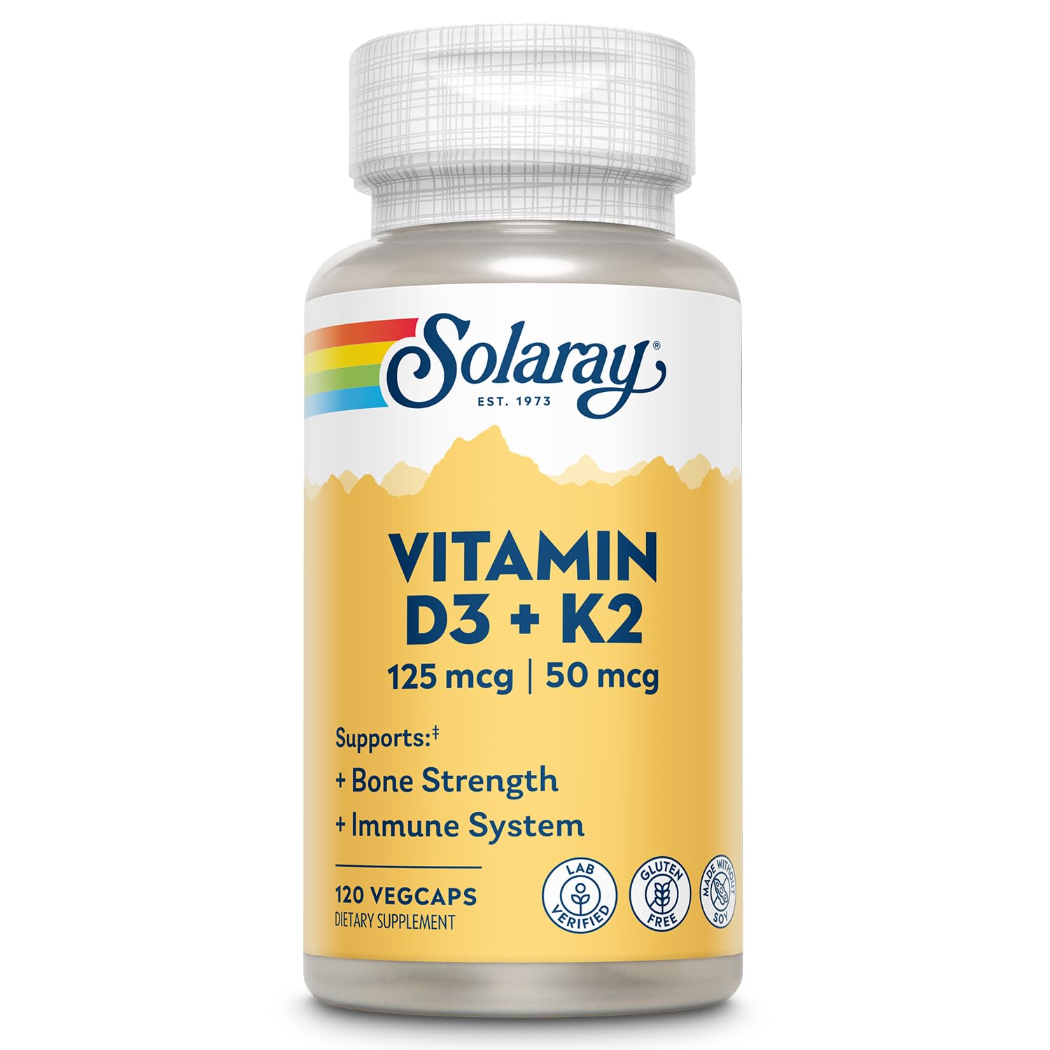 SOLARAY Vitamin D3 K2 - Bone Health and Immune Support Supplement - With 5000 IU Vitamin D as Vit D3 and 50 mcg Vitamin K2 as Menoquinone MK7, Made Without Soy, 60-Day Guarantee, 120 Serv, 120 VegCaps