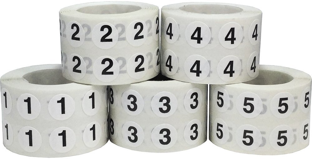 Number 1-5 Stickers 12.7 mm 0.5 Inch Round 1000 Each Number 5000 Total Count