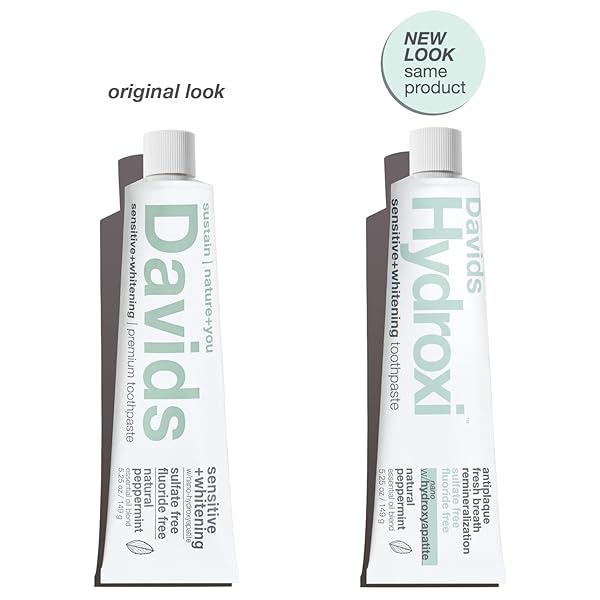 DAVIDS HYDROXI FLUORIDE FREE NANO HYDROXYAPATITE TOOTHPASTE FOR REMINERALIZING ENAMEL & SENSITIVE RELIEF, WHITENING, ANTIPLAQUE, SLS FREE, NATURAL PEPPERMINT, 5.25OZ, MADE IN USA
