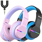 iClever BTH12 Kids Bluetooth Headphones 85H Playtime with LED Lights Travel | SafeSound Tech, Stereo Sound, USB C Charging AUX Cable Over Ear Built-in Mic, Kids Wireless Headphones for Toddler Boys Girls