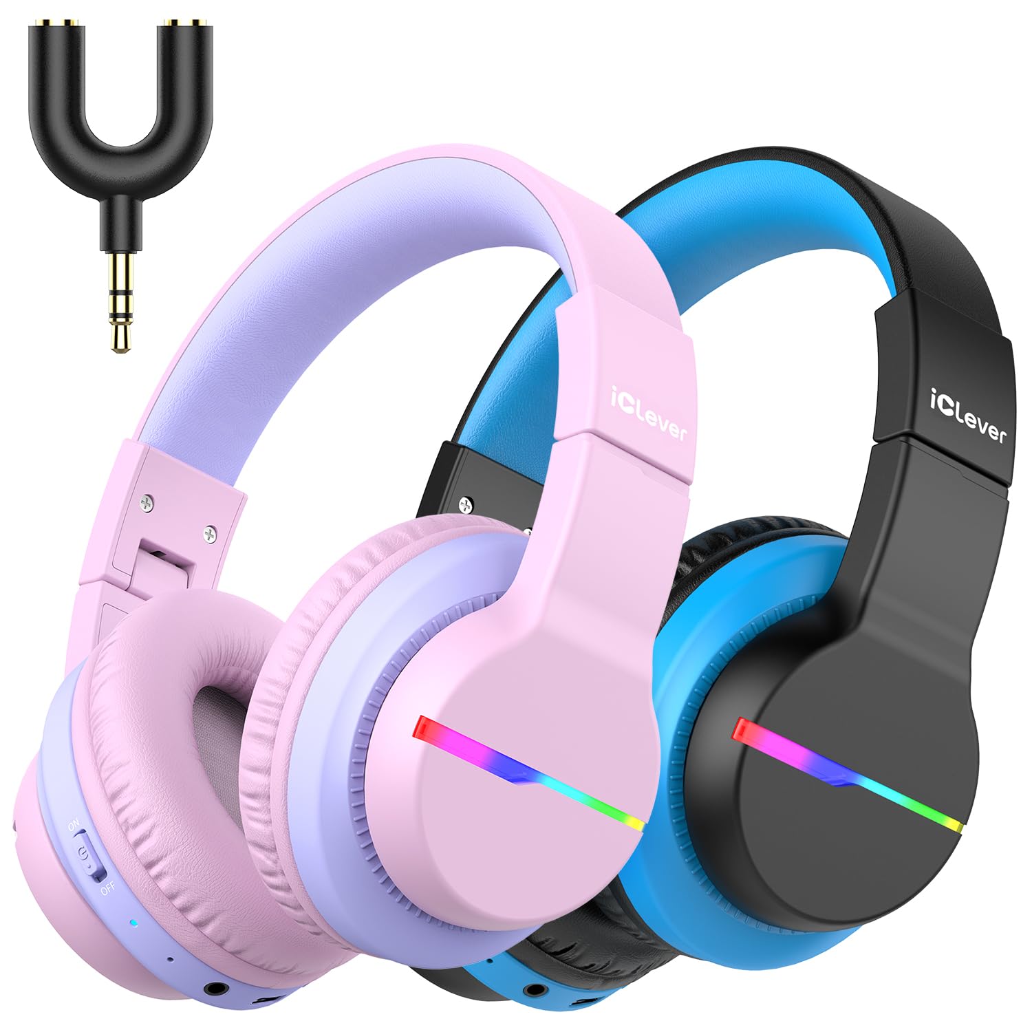iClever Bluetooth Kids Headphones, BTH12 Colorful LED Lights Kids Wireless Headphones Over Ear with 74/85/94dB Volume Limited, 55H Playtime, Bluetooth 5.2, Built-in Mic for School/Tablet/PC