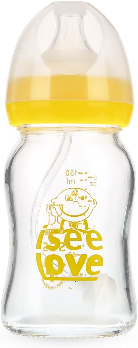 Vslyer Anti-colic Glass Baby Feeding Bottle,Yellow (5oz)