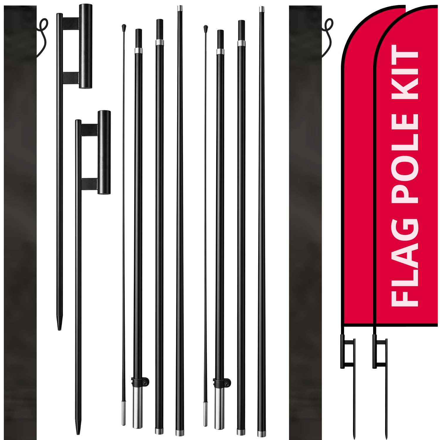 Photo 1 of ASHUR Feather Flag Pole Kit, 15ft Tall 2Pack 100% Fiberglass for 12ft Feather Flags, for Outdoor Business Advertising Custom Banner, with Heavy Duty Ground Spikes Swooper Pole kit