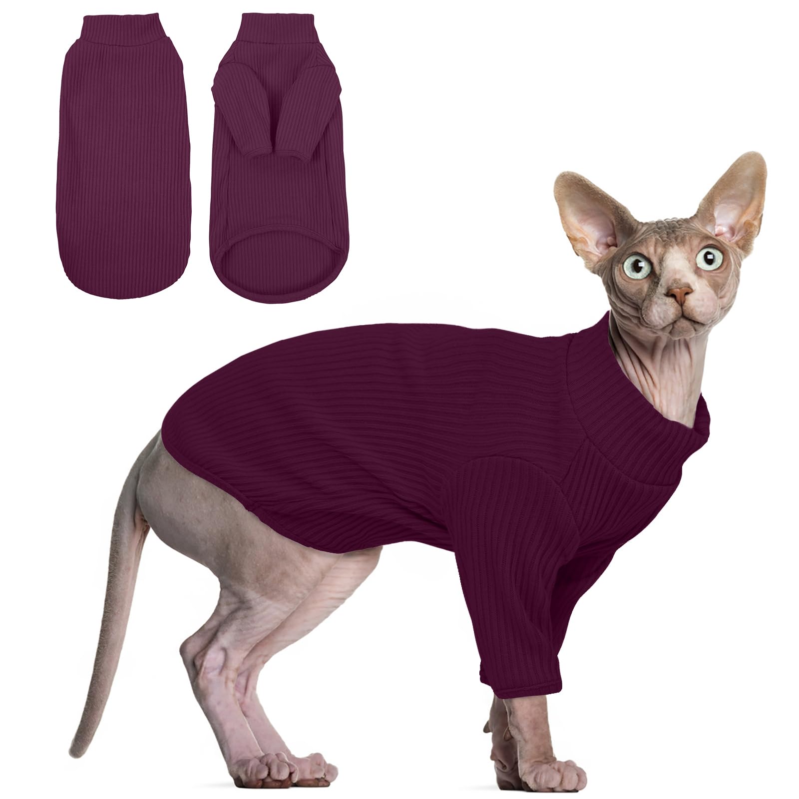 Hjyokuso Hairless Cat Sweater, Sphynx Clothes, Kitten Breathable Sweaters For Cats, Kitten Pullover With Sleeves, Cat Jumpers Cats Only, Clothes Sphynx, Cornish Rex, Devon Rex - XS, PurpleRed