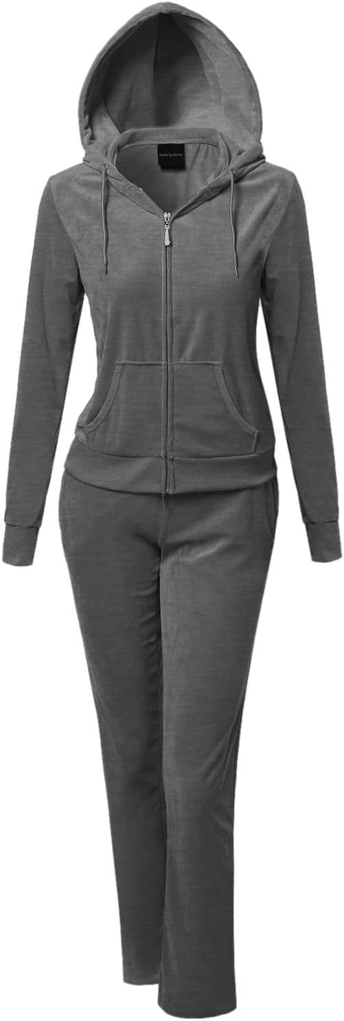 Women's Solid Soft Velour Zip-Up Hoodie Workout Sweatpants Set
