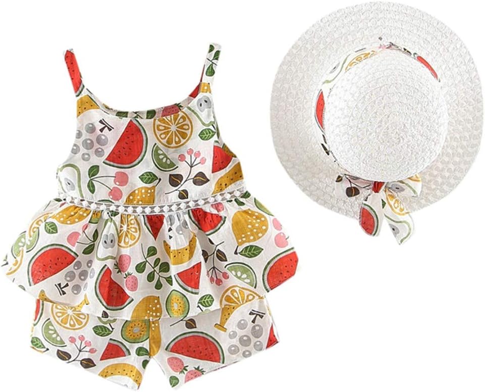 wuayi Baby Girls Clothes, Girls Floral Fruit Print Strap Shirt Dress T-Shirt Tops + Shorts +Hat Outfits 6 Months - 4 Years