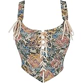 Dreay Womens Vintage Floral Print Grommet Lace Up Tie Front Corset Bustier Shapewear Top