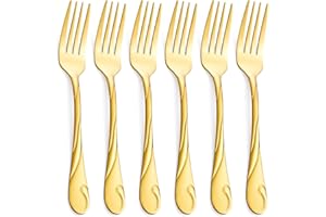Gold Salad Fork Set, Seeshine 6.9-inch Stainless Steel Shiny Gold Metal Dessert Fork, Cake Forks, Set of 6, Dishwasher Safe