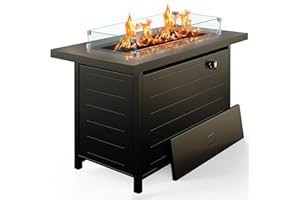 Ciays 42 Inch Gas Fire Pit Table, 60,000 BTU Propane Fire Pits for Outside with Glass Wind Guard, Steel Lid,Lava Rock, 2 in 1 Fire Pit Table Gatherings Parties on Patio Deck Garden, Black