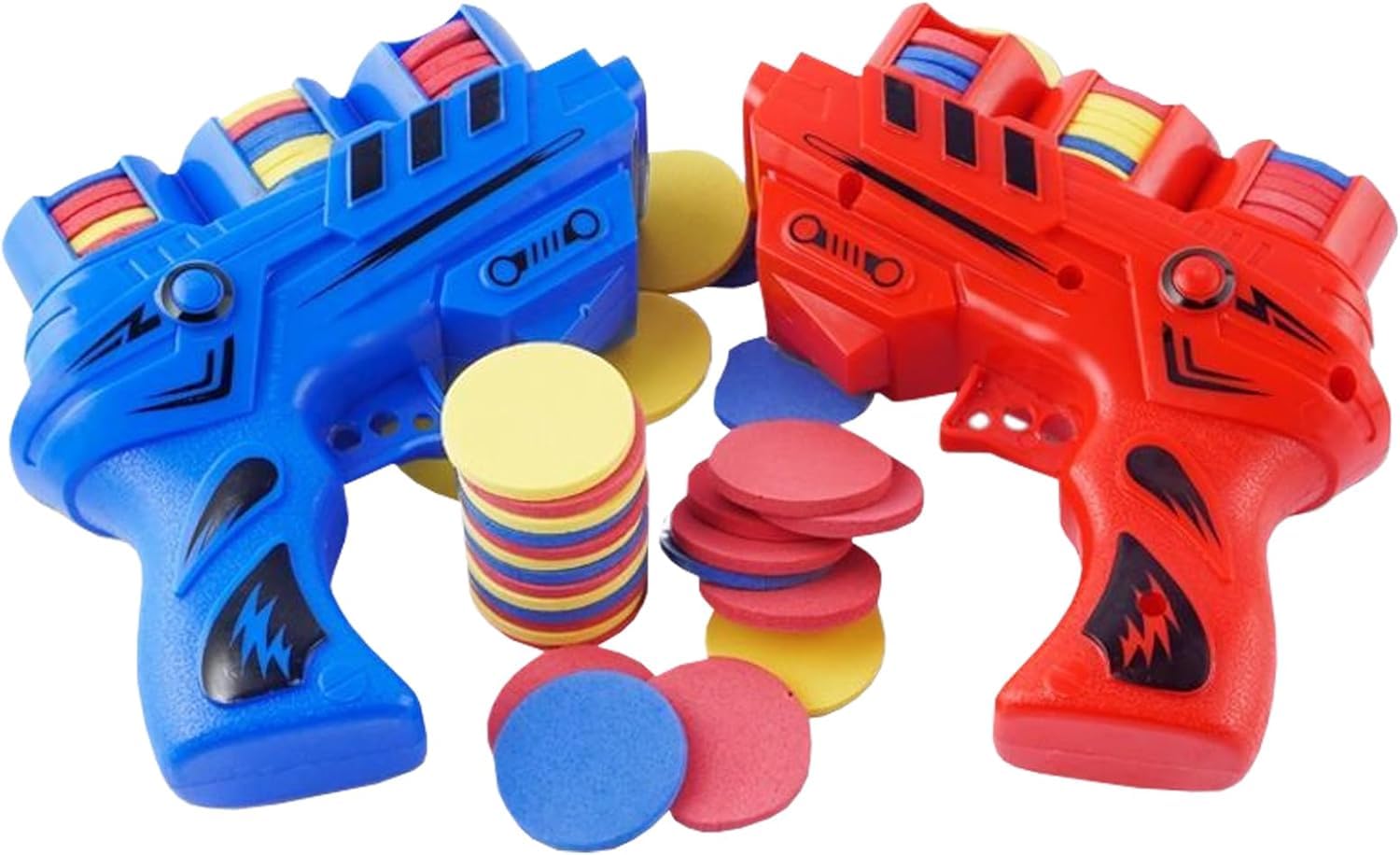2PCS Foam DiscLauncher, Disc Launcher, Continuous Shooting Flying Disc Launcher, Soft Gun and 50 Flying Discs for Children to Play Outdoors (Red and Blue)