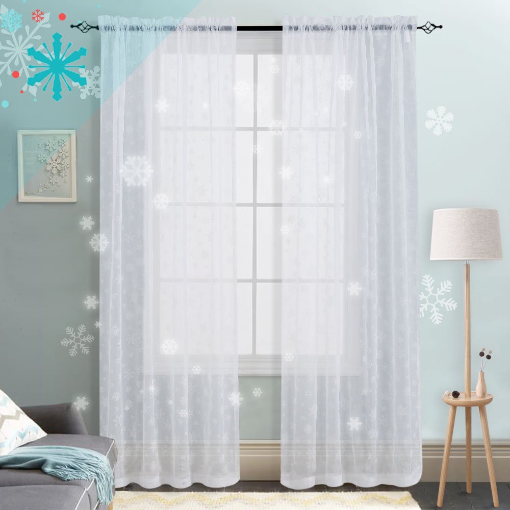 Snow White Sheer Curtains for Living Room Christmas Snowflake Winter