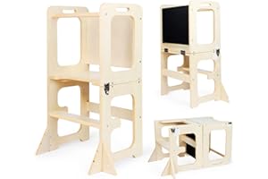 Asweets 4 in 1 Toddler Learning Standing Tower, Toddler Step Stool Table Combo, Wooden Kitchen Step Stool for Toddlers with Chalkboard, Anti-Slip Protection, Ideal Helping Tower for Toddlers