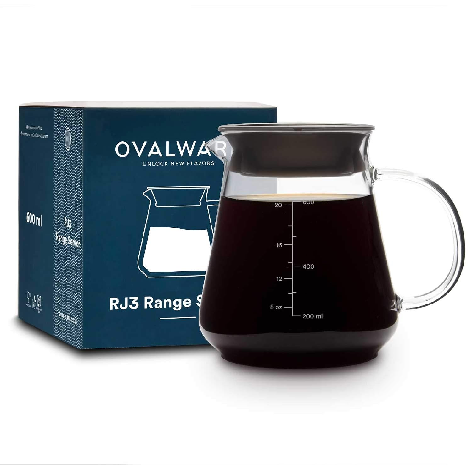 Glass Range Coffee Server For Pour Over Coffee & Tea - 600ml/20oz Ovalware Microwave Safe & Heatproof 2.5mm Thick Glass Body