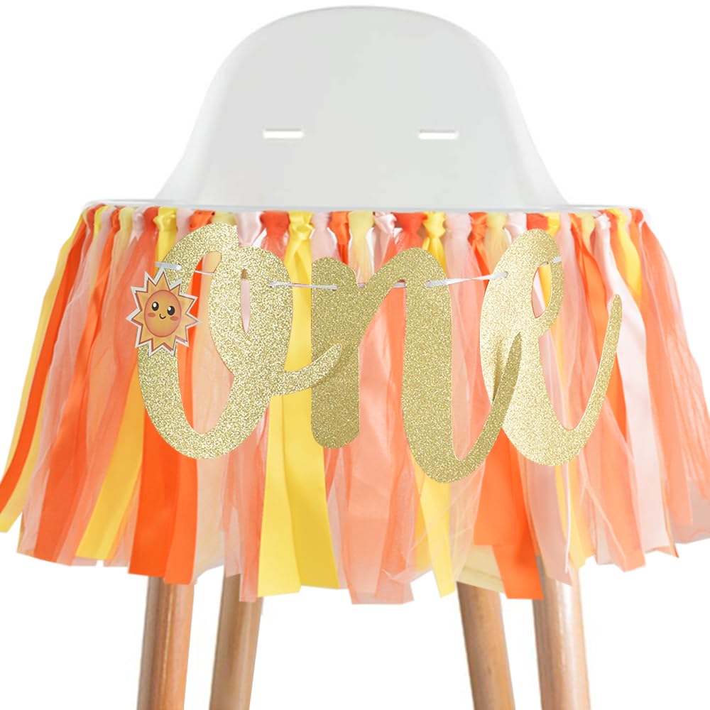 Photo 1 of BEISHIDA 1st Birthday High Chair Banner Decorations - Orange & Yellow Garland for Baby's First Birthday Party, Baby Shower, Kids Celebration (Highchair Banner with Pompoms)