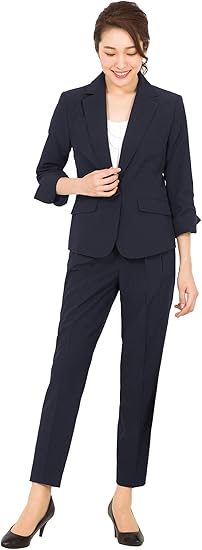 Amazon アッドルージュ Addrouge洗える パンツスーツ レディース ビジネス 七分袖 テーラードジャケット ウエストゴム テーパードパンツ 2点セット B5018 パンツスーツ 通販