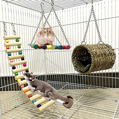 squirrel hamster sugar glider hammock 3 piece set hanging nest swing birds chew toy for mice small pet animal bed rattan parrot hedgehog considerate design cage house bridge toys chinchilla warm ladde