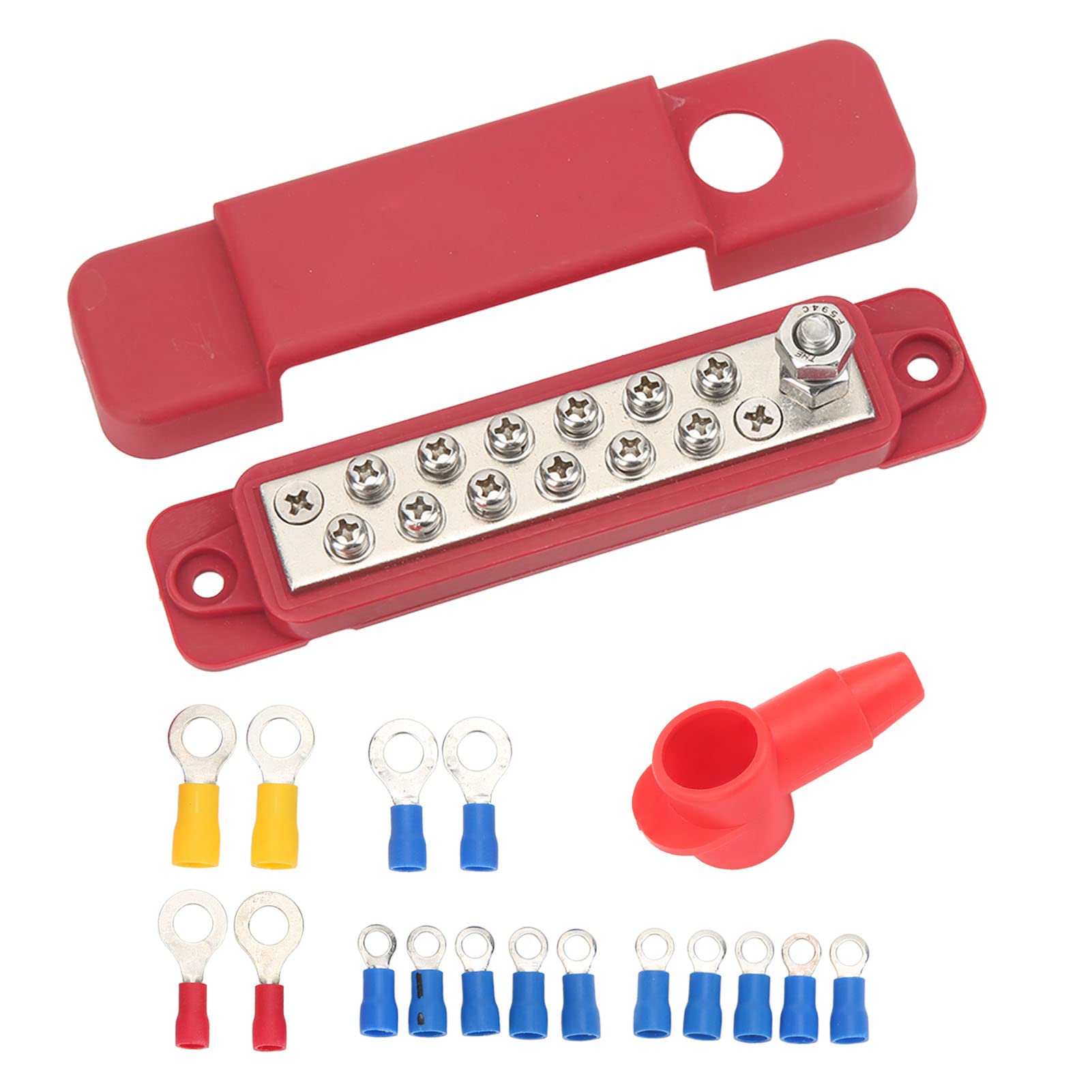 Bus Bar Terminal Block 12v, 12 Terminal Distribution Block 180A Marine Supply Busbar with 16 Ring Terminal for Cars RVs Yachts(Red)