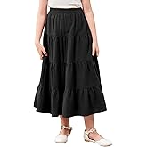 GORLYA Girls Casual Vintage Solid Elastic High Waist Tiered Hem Long Swing Linen Maxi Skirt for 4-14T