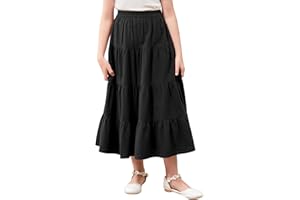 GORLYA Girls Casual Vintage Solid Elastic High Waist Tiered Hem Long Swing Linen Maxi Skirt for 4-14T